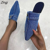 Design Slippers 2023 Spring New Pointed Deep Mouth Thick High-heeled Denim Outer Wear Baotou Slippers Shoes for