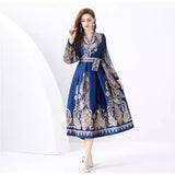 Famous Woman On Holiday Wrapped With V-Neck Lantern Sleeve Long Retro-Print Dress Elegant