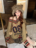 Brown V-neck Letter Print Oversize Sweater- Outfit