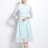 Fragrant Suit Women's Short Round Collar Bubble Sleeve Lace Blouse High Waist Swing Half Dress Women's Autumn Dress Two