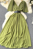 Women Pleated Party Long Dress Sexy V-Neck Short Sleeve High Waist A-Line Maxi Vestidos With Belt Vacation Beach Robe