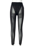 Bright Line Decoration Leggings Mesh See Through High Waist Pants Women Fashion Streetwear Casual Sport Y2K
