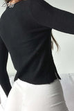 Women Cropped Knitted T-shirts Fall Spring Chic Solid Long Sleeve Hollow Out Buttons Casual Tops Streetwear