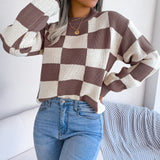 2025 Street Wind Hit The Color Lattice Long-Sleeved Knitted Sweater Women's