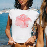 New Flower Print Short-Sleeved T-Shirt Girl Sexy Hottie Breathable