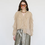 High-End Design Pure Color Temperament Chiffon Lotus Side Zipper Top With Comfortable Loose Long-Sleeved