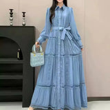 High-End Retro Collar Single Buckle Lantern Sleeve Dress Women's Hollow Lace To Receive Long Waist