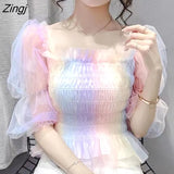 Sheer Lace Shirts Women Sexy Off Shoulder Slim Tunic Crop Tops Harajuku Fashion Elegant Short Sleeve Mesh Party