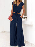 Women's Clothing 2025 New Summer V Tie With Open-Vum Wide Leg Trousers Casual Fashion