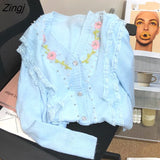 Floral Embroidery Knittsd Cardigan Women Autumn Sweet Fashion Sweater Coat Korean Preppy Style Lolita Lace Sweater