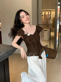 Xixi 2025 Summer New Elegant Temperament Flowers V Collared Leaf-Side Shirt Thin Top Lady