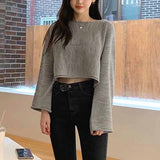 Spring Korean Style Loose Casual Knitted Blouse Women New Chic Curl Solid Short Tops O-neck Pullover Fashion Blusa
