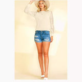 Round Collar Hollow Coated Women Autumn Fashion Pineapple Lace Splicing Sleeve Jersey