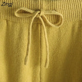 Knitted 2 Pieces Set Women Loose Oversize Tracksuits Turn-down Collar Sweater Pullover +High Waist Wide Leg Pants