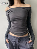 Off Shoulder Solid Crop Top Women Chic Side Drawstring Bandage Long Sleeve T Shirt y2k Stitched Fall Clothing