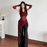 New Halloween Cos Red Collar Hooded T-Shirt Women's Lotus Side Irregular Sleeves Thin