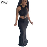 Women Sets Ruched Drawstring Sleeveless Tank Crop Top and High Waist Mermaid Maxi Skirt Set for Women Elegant Two Piece