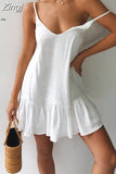 Summer Dress 2023 Women Sexy Solid V-Neck Ruffled Spaghetti Strap Mini Dress Casual Beach Short Dress Vestidos