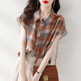 Chiffon Shirt Women's Summer Thin 2025 New Loose Belly T Jack Plaid Printing Ocean Chic