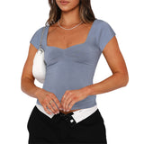 Summer New French Retro Wide Shoulder Banded Chest Folds Short-Sleeved Women Wear Ins Tide