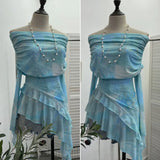 And Spicy Shoulder Dyed Printing Mesh Long-Sleeved Coat Folds Irregular Ribbon T-Shirt