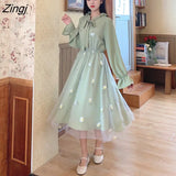 Sleeve Dress Women Patchwork Bow Collar Embroidery Elegant College Trendy Causal Holiday Ulzzang Empire Lovely Fall