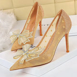 Shoes Bow-knot Women Pumps Mesh Hollow High Heels Rhinestone Stiletto Women Heels Sexy Party Shoes Women Sandals