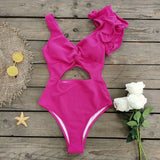 Spoorlike Solid-Colored Hollow-In-Body Swimsuit Women 2025 New High-Rise Dew Lotus Leaf Edge