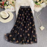 Spring and Summer Mesh Long Women's Skirts High Waist Love Printed Elegant A-Line Pleated Skirt Fashion