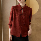Chinese-Style Buckle-Dite-Faced Chiffon Long-Sleeved Shirt Woman 2025 Spring And Autumn Magenta Retro Red Temperament National Style