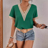 Women's Dress V-Neck Lace Loose Top Commuter Short-Sleeved Shirt Women Splicing