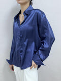 Fashion Button Up Satin Silk Shirt Vintage Blouse Casual Loose Button Up Down Shirts Tops Lady Long Sleeve Female
