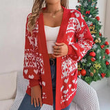 Shooting 2025 Autumn And Winter Christmas Deer Pocket Long Sleeve Cardigan Sweater Jacket Women's