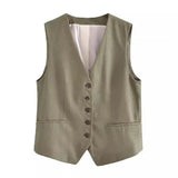 2025 Summer V-Neck Solid Color Single Breasted Vest High Waist Wide-Leg Pants Shorts Set