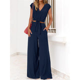 Women's Clothing 2025 New Summer V Tie With Open-Vum Wide Leg Trousers Casual Fashion