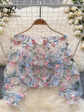 Mesh Embroidery Sheer Blouse Fashion Slash Neck Loose Puff Sleeve Tops Short Smock Streetwear Lace Y2K Summer Blouses 211-1-Outfit