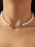 Planet Detail Faux Pearl Necklace-Outfit