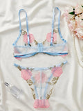 Blue Sheer Rose Embroidered Lingerie Set- Outfit