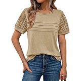 Summer New Women's Casual Loose Round-Neck Lady T-Shirt Solid Color Lace