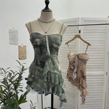 Shooting 2025 Spring And Summer New With Chest Cushions Dyed Mesh Sling Sling Vest Irregular Lotus Leaf Side Top