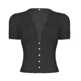 And Summer Basic Solid Color Dark V Buckle T-Shirt Top Bow Texture Texture To Close The Waist Design Spice Girls Shirt