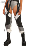 Women Buckles Bottomless Pants High Waist Cargo Trousers Crothchless Color Block Boggy Trousers Long Rave