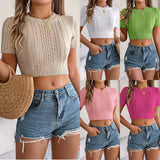 Shooting 2025 Spring And Summer Leisure Mahjong Short-Sleeved Knitted Jersey Holiday Short Umbilly Tops Women's
