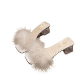Hairy Slippers Women Wear 2025 New Net Red Coarse And One-Word Drag Crystal High-Slip