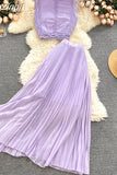 Lace Chiffon Two Piece Set Women Vintage Beach Party Sleeveless Short Tops Pleated Long Skirt Female 2pcs