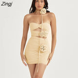 Sexy Strapless Flower Mesh Women Dress Apricot Hollow Out Ruched Summer Dresses Woman 2023 Elegant Party Club
