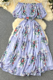 Bohemian Floral Chiffon Long Dress Women Sexy Off Shoulder Ruffle Puff Short Sleeve High Waist A-Line Big Swing