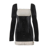Zingj Women's Fall 2023 New Sexy Square Collar Low Breast Color Contrast Temperament Elegant Slim Hip