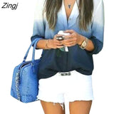 Women's Summer Soft Long Sleeve Autumn V Neck Casual Loose Tops Blouse Gradient color