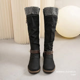Mouth Coarse And Side Zipper High-Sleeping Women Belt Buckle Rivet Low And Knight Boots